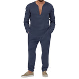 WIAOFELLAS  -  Spring Autumn Mens Suit Fashion Solid Color Casual T-Shirt Long Sleeve Cotton Linen V-Neck Shirt Long Pants Two-Piece Set