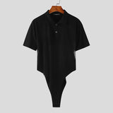 WIAOFELLAS  -  Men Bodysuits Mesh Patchwork Lapel Short Sleeve Transparent Sexy Male Rompers T Shirt Streetwear Fashion Bodysuit