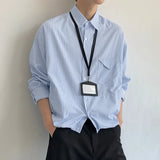 Wiaofellas  -  Men Striped Shirt Lapel Long Sleeve Loose Casual Men Clothing Streetwear Korean Style Fashion Tops Male Shirts
