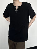 WIAOFELLAS  -  T Shirts for Men High-end Designed Niche Advanced Lazy Metal Buckle Neckline Loose Simple Casual Breathable Short-sleeved Top