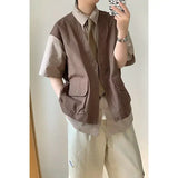 Wiaofellas  -  Men's Japanese Retro Patchwork Fake Two-Piece Vest Shirt Short Sleeve Casual Workwear Jacket