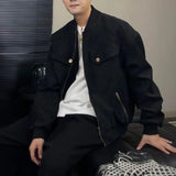 WIAOFELLAS  -  Streetwear Cleanfit Stand Windbreaker Corduroy Jacket for Men Front Pockets Solid Casual Loose Outwear Coat Oversized
