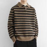 Wiaofellas  -  Autumn Retro Colorblock Striped Polo Collar Knitwear For Men Korean Fashion Long Sleeve Knitted Pullovers Fleece Y2K Sweaters