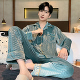 Wiaofellas  -  Men Warm Flannel Winter Pajamas Turn-down Collar Long-sleeved Trousers Golden Velvet Two-piece Set Loose Comfortable Sleepwear