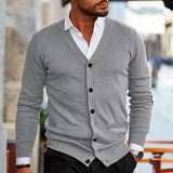 WIAOFELLAS  -  Spring Autumn Mens Solid Color Knitted Cardigan Fashion V-Neck Long Sleeve Slim Fit Sweater Coat with Pockets Men Knit Outwear