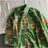 Wiaofellas  -  New Summer Graffiti Cartoon Cat INS Retro Short Sleeve Floral Shirt Hawaiian Beach Coast Outerwear Breathable Polyester Casual