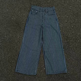 WIAOFELLAS  -  Vintage blue vertical striped jeans men's loose straight leg wide-leg pants