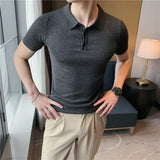 WIAOFELLAS  -    Summer New Men Short Sleeve Solid Polos Knitted T-Shirt Male British Style Slim Fit Business Formal Shirts L33