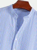Wiaofellas  -  Summer Vacation Stripped Tee Mens Fashionable Loose Breathable Polo Shirt Vintage Crew Collar Button Short Sleeve T-shirts Men