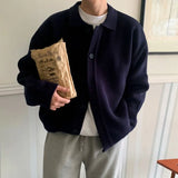 WIAOFELLAS  -  Fashion Summer Men's Solid Color Texture Lapel Knit Sweater Trendy Long Sleeves Single-breasted Pullover Male