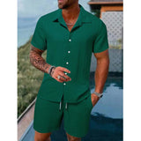 WIAOFELLAS  -  Fashion Men Two Piece Sets Cardigan Short Sleeve Lapel Shirts And Short Pant Men Stripe Outfit Summer Casual Loose Suit