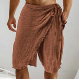Wiaofellas  -  Boho Men's Linen Shorts Seaside Beach Casual Breathable Solid Color Drawstring Shorts Men Summer Vintage Irregular Loose Shorts