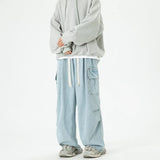 Wiaofellas  -  Men Vintage Washed Cargo Jeans Drawstring Waist Big Side Pocket Loose Wide Leg Denim Pants Y2K Streetwear Baggy Work Trousers