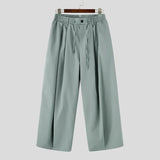Wiaofellas  -  Men Pants Solid Color Button Pleated Loose Casual Wide Leg Trousers For Man Streetwear Joggers Fashion Casual Male Pants