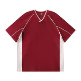 WIAOFELLAS  -  Retro 260g Contrasting Lines V-neck Short-sleeved T-shirt Men's Trendy Brand Loose Design T-shirt Top