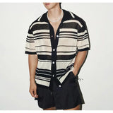 WIAOFELLAS  -  Summer New Fashion Casual Breathable Hollow Out Knitted Polo Shirts Men Striped Crochet Knitting Tops Vintage Mens Clothes