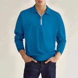 Wiaofellas  -  Men's Light Blue Quarter Zip Polo Neck Top Long Sleeve Casual Solid Color Slim Fit Pullover For Spring Autumn