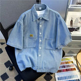 Wiaofellas  -  Bear Embroidery Denim Short Sleeve Shirt Men Summer Thin Loose Five Sleeve Casual Shirt American Cool Leisure Outerwear