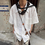 WIAOFELLAS  -  Fashion Men Solid Color Pleated Embroidery Lapel Loose Shirt Trendy Short Sleeve Single-breasted Shirts Male Summer