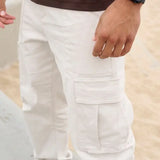 Wiaofellas  -  Men Khaki Wide Leg Pants Summer Male Button Pocket Loose Straight Cargo Full Trousers