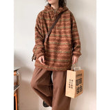WIAOFELLAS  -  Vintage woolen striped knit hoodie autumn and winter warm hoodie wear fashion brand loose top