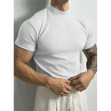 Wiaofellas  -  Spring Summer Elastic Comfortable Men's T-shirt Small High Collar Stripe Shirt Short Sleeve Fitness Tops Sports Casual T-shirt
