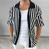 WIAOFELLAS  -  Summer Elegant Striped Men's Knitted Polo Shirts Short Sleeve Turn-down Collar Button Cardigan Top Men's Casual Knitted Shirt