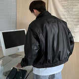 Wiaofellas  -  Men's Casual Texture PU Leather Jacket High Street Zippers Turn-down Collar Long Sleeve Retro Coat with Pocket Spring Autumn