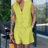WIAOFELLAS  -  Summer Fashion Loose Men Suits Sleeveless V-neck Shirt And High Waist Wide Leg Shorts Two Piece Set Casual Vest Outfits Tank Top