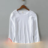 Wiaofellas  -  Japanese Style Loose Fit Long Sleeve Cotton T-Shirt Men's round Neck Thin Bamboo Rayon Worn in Solid Color Versatile plus Size