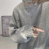 Wiaofellas  -  Autumn Men's Oversized Waffle Crewneck Sweatshirts Appliques Long Sleeve Pullover Hoodies Korean Fashion Y2K Streetwear Sudadera