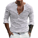 WIAOFELLAS  -  Mens Long Sleeve T-Shirt Slim Fit Striped Top Autumn Base Warm Fashion Henry Shirt Long Sleeve Pullover Versatile Men'S Clothing