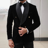 Wiaofellas  -  Elegant Velvet Men Suits Black Shawl Lapel Double Breasted Clothing 2 Piece Formal Prom Wedding Party Tuxedo (Jacket+Pants)