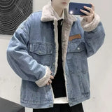 WIAOFELLAS  -  Winter Denim Jacket Men American Style Fleece Lined Thick Warm Cotton Coat Loose Fit Casual Korean Fashion Outerwear Tops Unisex