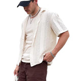 Wiaofellas  -  Summer Mens Knitted Shirts Beach Casual Solid Color Short-sleeved Button Lapel Knit Cardigan Men Tops Knitting Embroidery Shirt