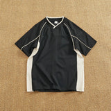 WIAOFELLAS  -  Athleisure style V-neck short-sleeved T-shirt male couple pure cotton color splicing summer fashion half sleeve base T