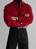 WIAOFELLAS  -  Burgundy thin corduroy shirt men's flip double patch pocket high-end mature long-sleeved red shirt men Autumn clothes