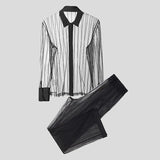 Wiaofellas  -  Men's Sets Mesh Patchwork Striped See Through Long Sleeve Shirt Pants Two Piece Sets Sexy Fashion Men Matching Sets
