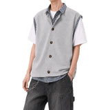 Wiaofellas  -  American Plaid Knitted Shirt Summer Short Sleeve Fake Two-Piece Design Korean Casual Top for Teenagers in Daily Wear