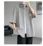 WIAOFELLAS  -  Fashion Men's Solid Color Pocket Design Short Sleeves Blouse Trendy Single-breasted Lapel Casual Shirts Male Summer