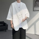 WIAOFELLAS  -  Niche Design Men's Shirts V-neck Solid Color Button Desig Ice Silk Big Pocket Casual Male Tops Summer Menswear