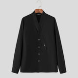 WIAOFELLAS  -  Men Shirt Solid Color V Neck Long Sleeve Casual Men Clothing Streetwear Loose Fashion Leisure Tops Male Shirts S-3XL