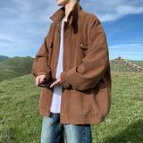 WIAOFELLAS  -  Retro Corduroy Brown Brown Coffee Jacket Men's American Fashion Brand Plus Size Loose Baseball Uniform Autumn Maillard Outfit