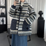 WIAOFELLAS  -  High-quality Japanese vintage with bib reversible cotton design striped coat