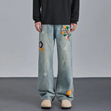 WIAOFELLAS  -  Design sense flower embroidery wash jeans men's spring straight pants couple loose American pants
