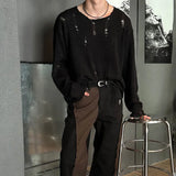 WIAOFELLAS  -  Men's Solid Color Ripped Long-Sleeved T-Shirt American Retro Fashion Trend High Street Loose Casual Breathable Niche Men's Tops