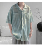 WIAOFELLAS  -  Korean Style Men's Shirts Lapel Hollow Out Knitting Single Breasted Tops Short Sleeved Pocket Loose Male Tops Trend