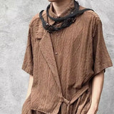 Wiaofellas  -  Vintage Men Dark Style  Out Short Sleeve Shirt Vintage Lace Up Design Style Casual Tops Streetwear Retro Cleanfit Fashion Trend