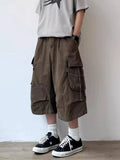 Wiaofellas  -  Summer Japanese Vintage Multi Pocket Cargo Capri Pants For Men Women Maillard Loose Casual Straight Wide Leg Shorts
