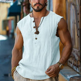 Wiaofellas  -  Men's Retro V-Neck Tank Top Summer Solid Color Casual Sleeveless Loose T-Shirt Outdoor Vacation Basic Top For Men